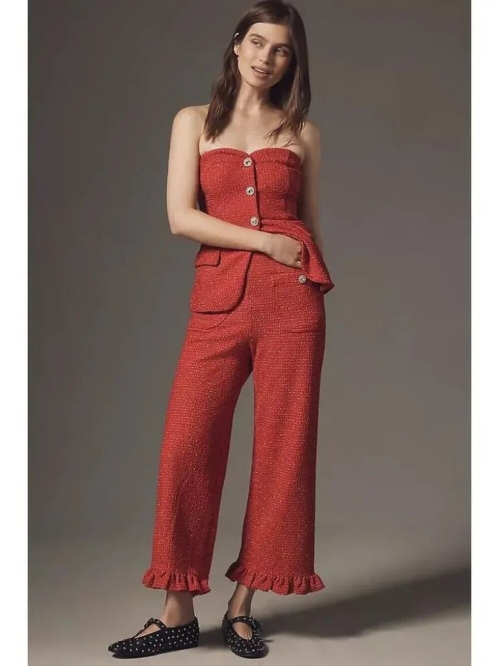Anthropologie The Colette Crop Tweed Ruffle-Hem Pants by Maeve 31 RED new nwt